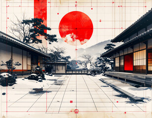 雪の日本庭園と伝統建築。赤い太陽とグリッドが織りなすグラフィカルな新年の情景。