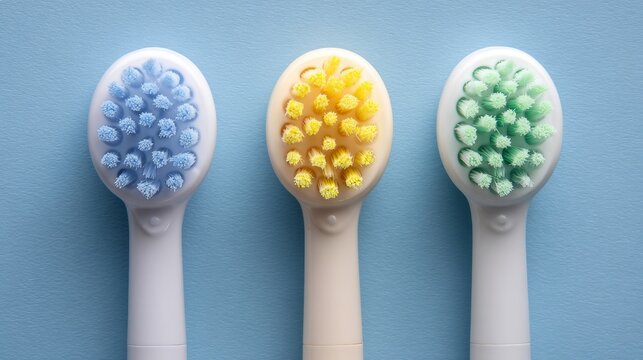 three toothbrushes with different colored bristles, displayed side by side against a light blue background