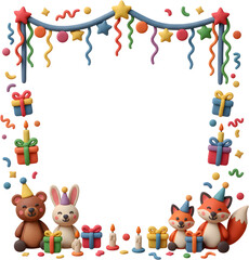 Obraz premium Celebratory border illustration featuring clay-like cartoon animals and festive decorations