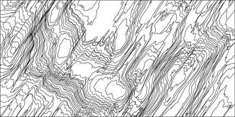 Obraz premium Abstract black and white contour lines forming a dynamic, textured pattern resembling topographical maps or flowing organic shapes on a white background