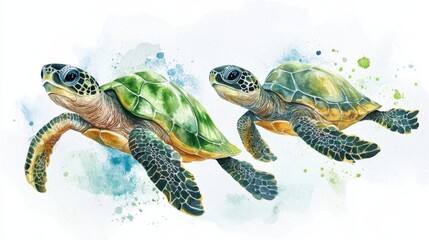 adorable watercolor turtle family swimming together, white background