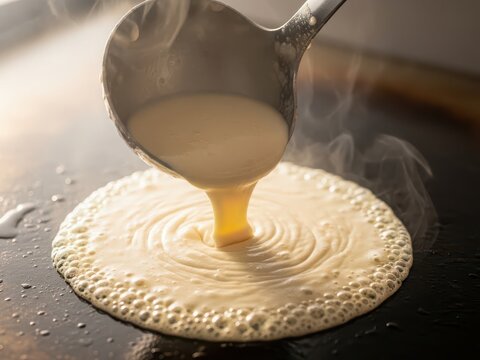 Making dosa on a hot tawa with batter being poured