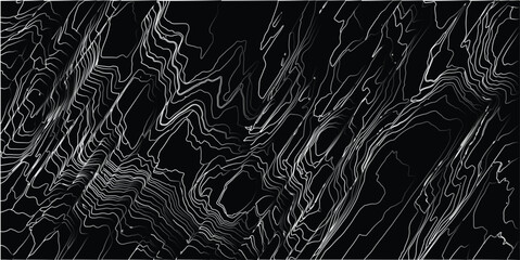 Abstract topographic contour lines in grayscale and white on a dark background creating a textured and dynamic visual pattern representing elevation and depth © Brainless