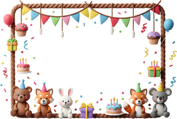 3D frame featuring colorful clay-like animals and party decorations