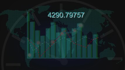 Teal bar graph with dashed red and animation white line graphs and a numerical display on a world map background. Animated global map displaying teal bar graphs, dashed red and white lines, - Powered by Adobe