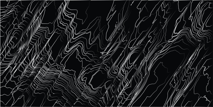 Abstract topographic contour lines in grayscale and white on a dark background creating a textured and dynamic visual pattern representing elevation and depth