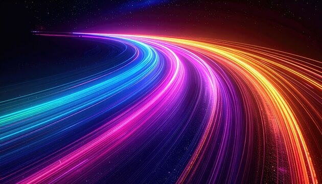 Vivid, flowing light trails curve across a dark space, radiating vibrant hues - Powered by Adobe