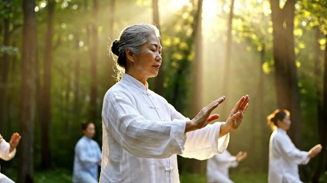 serene group of people practicing tai chi in sunlit forest. focus on elderly asian woman in white. healthy lifestyle, mindfulness, and spiritual wellness concept.