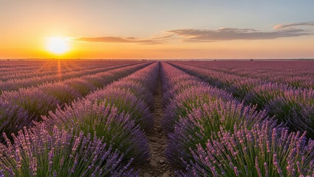 Lavender field at sunset with rows of purple flowers - Powered by Adobe