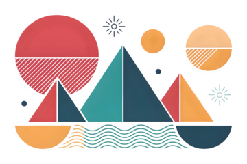 Abstract geometric landscape with stylized mountains and celestial bodies on transparent background 