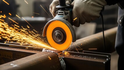 Grinding metal pipe in industrial workshop