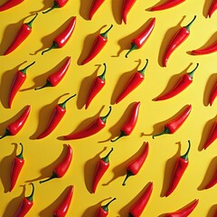 Bright red chili peppers arranged in repeating diagonal pattern on vibrant yellow background. Fresh vegetables cast subtle shadows, creating bold graphic design. Many hot peppers form symmetric