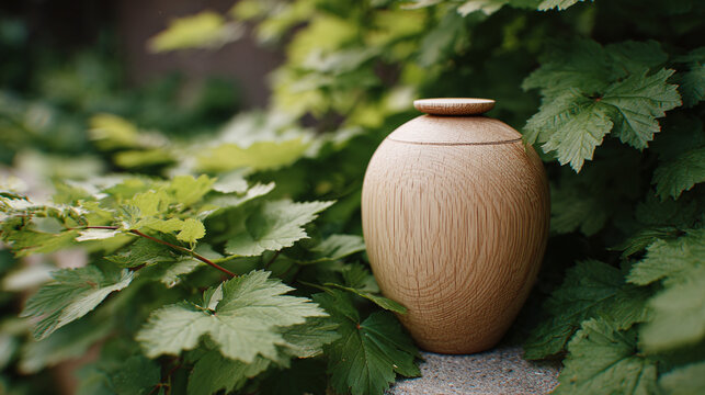 Elegantly shaped wooden urn nestled amongst lush foliage.  A testament to nature's beauty and peaceful remembrance with a tranquil ambiance.