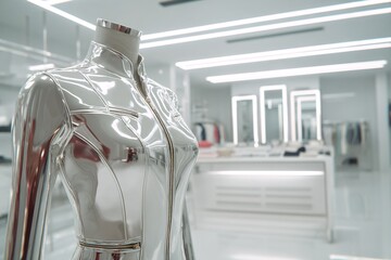 Shiny silver mannequin displaying futuristic clothing in modern retail store counter