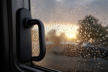 Raindrops on window as sunset light filters through trees and clouds at evening