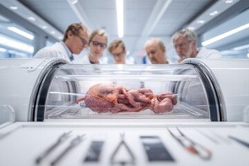 Group of scientists observe specimen in lab during research session in modern facility