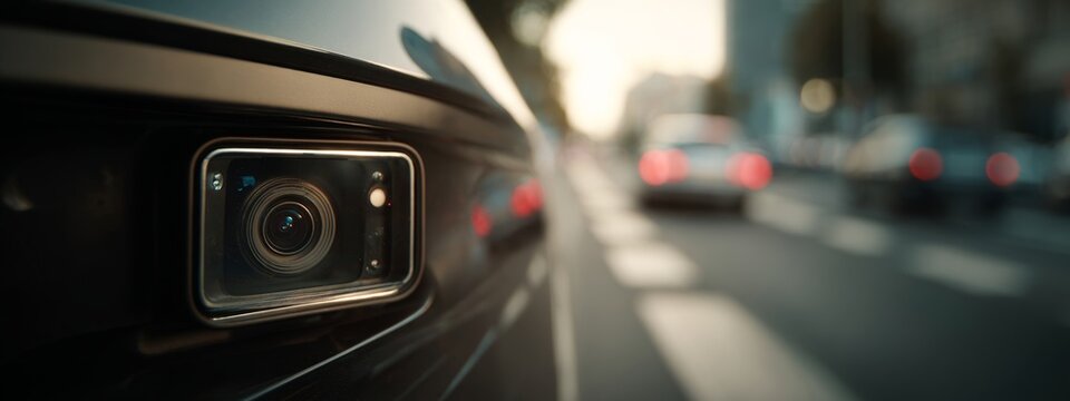 a close up view of a modern vehicle's rear end with a high tech license plate camera system installed. it is parked in an urban setting during daylight hours