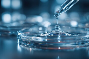 Drop of liquid falls from pipette onto petri dish in laboratory setting conducting science experiment