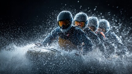 three individuals engaged in an aquatic sport activity, likely snowboarding or skiing given the context of their gear and the setting. they are captured mid action, with water splashing around them