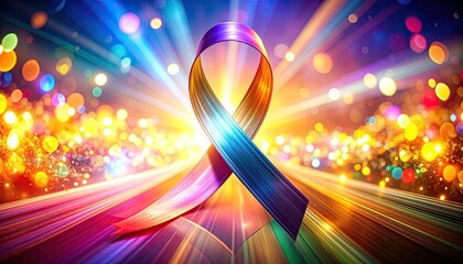 Vivid, stylized ribbon rendered with rainbow hues, set against a dynamic background of light rays and bokeh