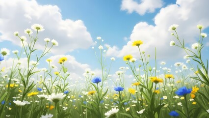 Vibrant wildflowers in a sunny meadow under a bright blue sky