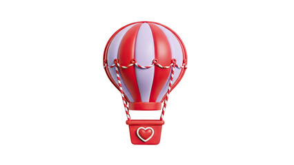 3D Red and purple striped hot air balloon with heart basket on transparent background