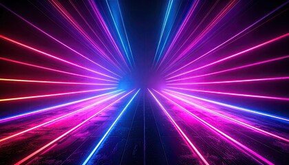 Futuristic tunnel bathed in neon light, with converging beams from different directions