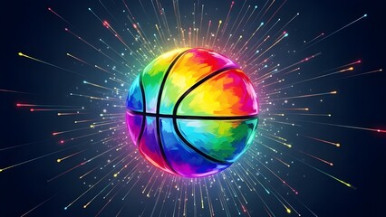 Dynamic Abstract Illustration of a Vibrant Rainbow Basketball Exploding with Colorful Light Trails