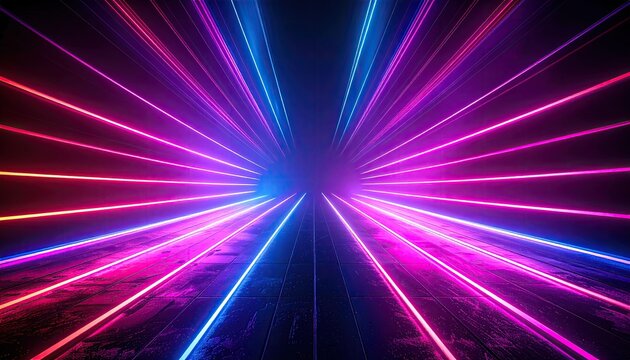 Futuristic tunnel bathed in neon light, with converging beams from different directions