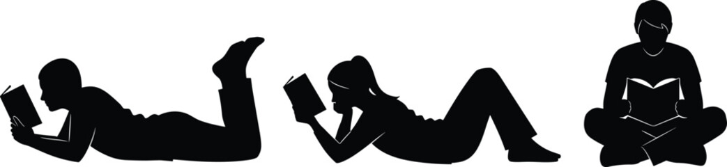 Black silhouettes of people reading books lying down and sitting cross legged isolated on white background for education and literacy. © MH STOCK