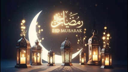 Elegant Eid Mubarak and Ramadan Greeting with Ornate Lanterns and Glowing Crescent Moon in Starry Night Sky Background