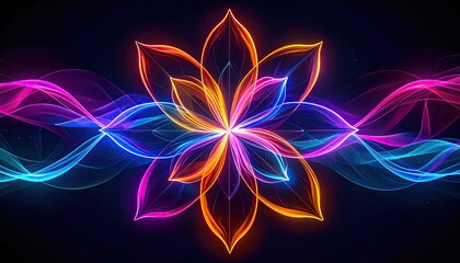 A colorful, glowing floral design at the center, with wavy bands surrounding it