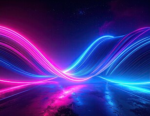 Abstract digital illustration featuring neon-colored light trails and a reflective surface