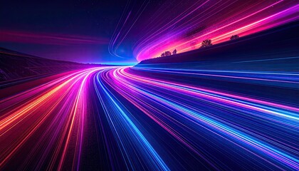 Fototapeta premium Long exposure shot of neon speed streaks, curving highway, under a starry night
