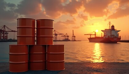 Stack of orange oil drums on dock. Large cargo ship sails on water at sunset. Industrial port with cranes in background. Sunrise sky with clouds.