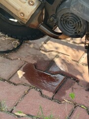 Oil leak from motorcycle onto pavement bricks, showing mechanical issue and maintenance needs