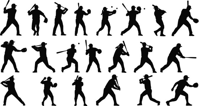Collection of black silhouettes of baseball and softball players batting and pitching isolated on white background for team sport promotion.