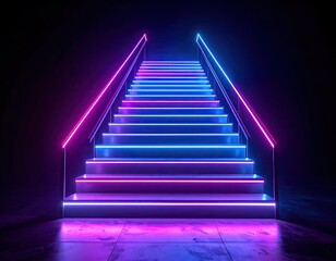 Fototapeta premium Illuminated staircase with vibrant magenta and blue neon lights ascending into darkness