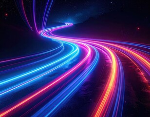 Neon light trails curve down a dark road, under a starry sky