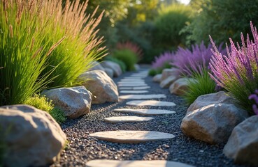 Stone pathway through dry garden with ornamental grasses, purple flowers. Large rocks line gravel path, creating low maintenance landscape. Xeriscape garden uses drought tolerant plants, natural