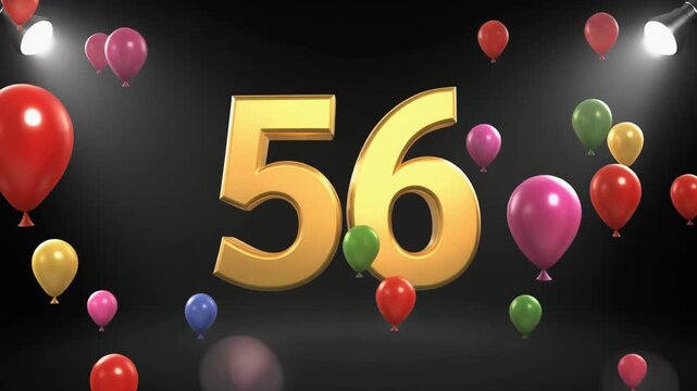 Number 56 in the spotlights with balloons in the background. Festive scene for birthday or anniversary party
