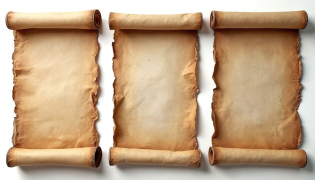 Three old rolled parchments lay open displaying aged paper textures and ripped edges. These ancient documents have uneven brown frayed borders and tan color paper with soft gradient light.