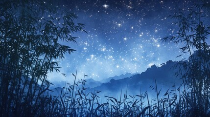 dreamy bamboo grass scene painted in watercolor under starry midnight sky