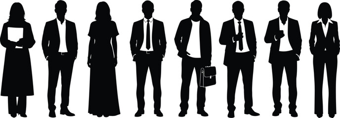 Collection of black silhouettes of business people and professionals in formal and casual attire standing isolated on white background for teamwork.