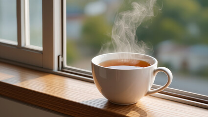 Fototapeta premium Steaming cup of hot tea on wooden windowsill with soft daylight, cozy morning drink and calm home atmosphere