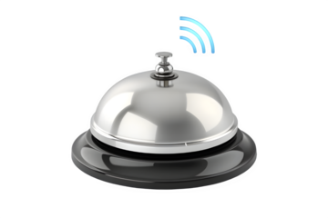 A modern interpretation of a classic service bell with a glowing wireless signal icon on transparent background