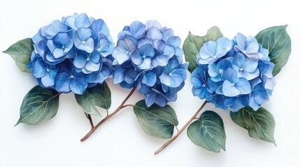 flat lay watercolor painting of hydrangea flowers in shades of blue, minimal clean white background