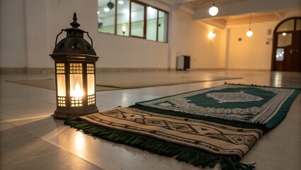 Serene Prayer Space with Lantern and Mat, Spiritual Ambience, Calm Worship Setting, Islamic Interior, Tranquil Reflection Scene, AI Generated