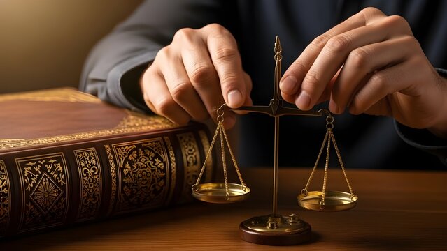 Hands adjusting golden scales of justice next to a thick, decorative law book on a wooden desk.