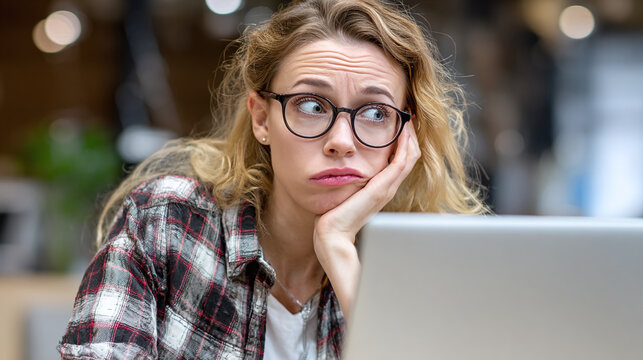 A woman in a plaid shirt is looking at a laptop with a bored expression.  She has blonde hair and glasses and looks tired of working.